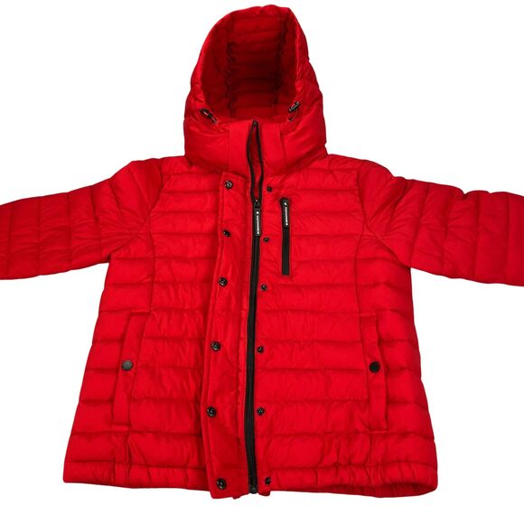 Bcbg Maxazria Quilted Puffer Jacket - Detachable Hood- Womens M Red Eco Friendly - Picture 7 of 16